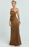 Laurie Maxi Dress - Strapless Draped Satin Dress in Chocolate
